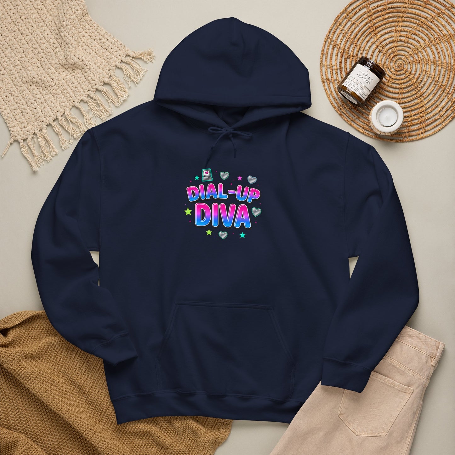 Dial-Up Diva Hoodie Y2K slogan, hot pink bubble text, cyber nostalgia