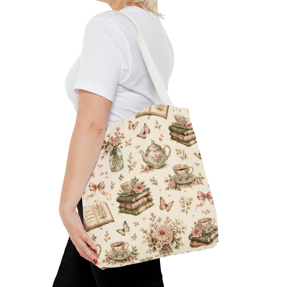Tea & Pages Floral Books Tote Bag — Vintage Garden Print AOP