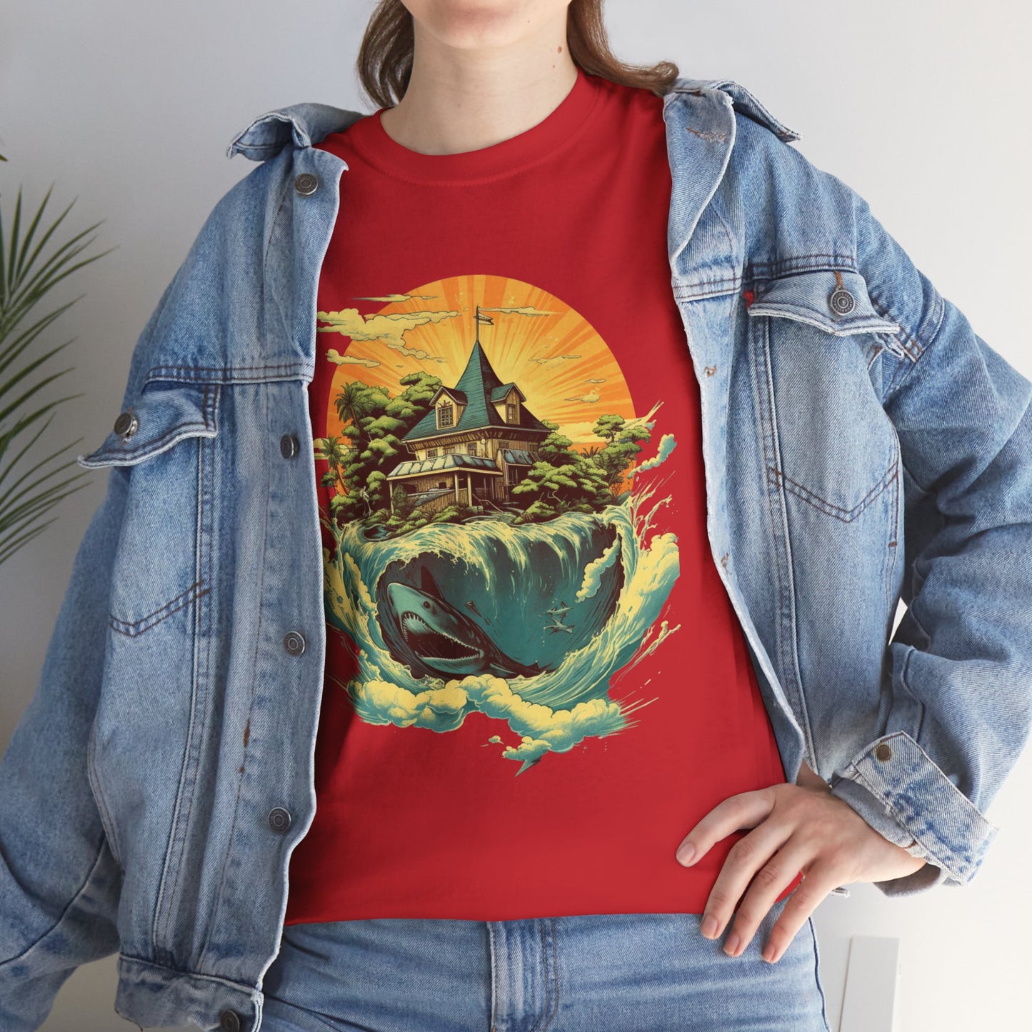 Scenic Whale & Cottage T-Shirt — Vintage Sunset Ocean Graphic Tee