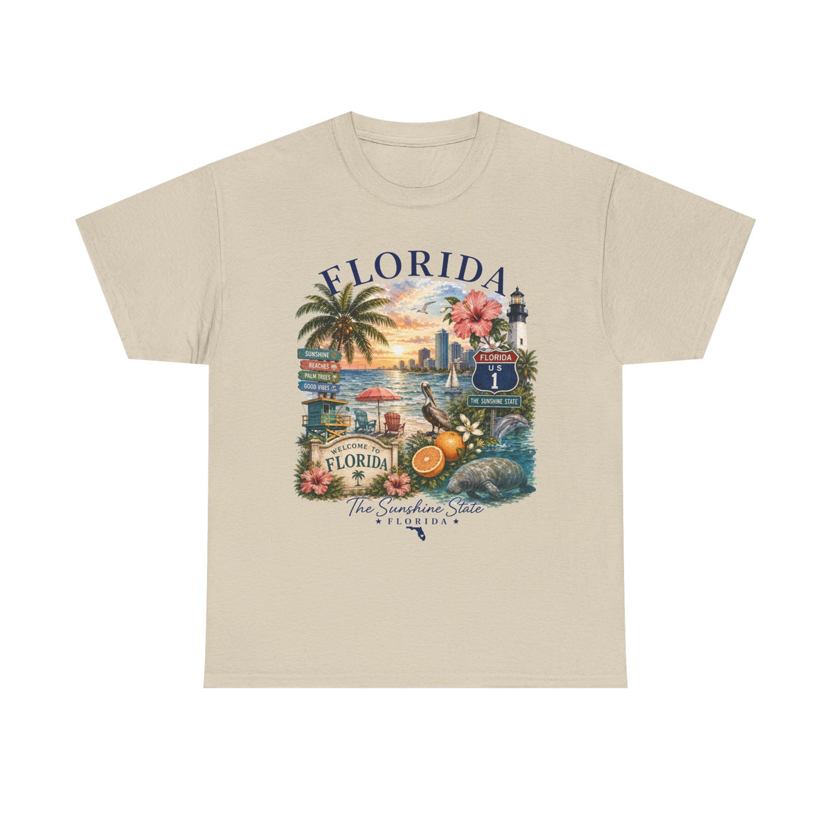 Florida Vintage Travel T-Shirt — Retro Beach Sunset, Lighthouse & Oranges Tee