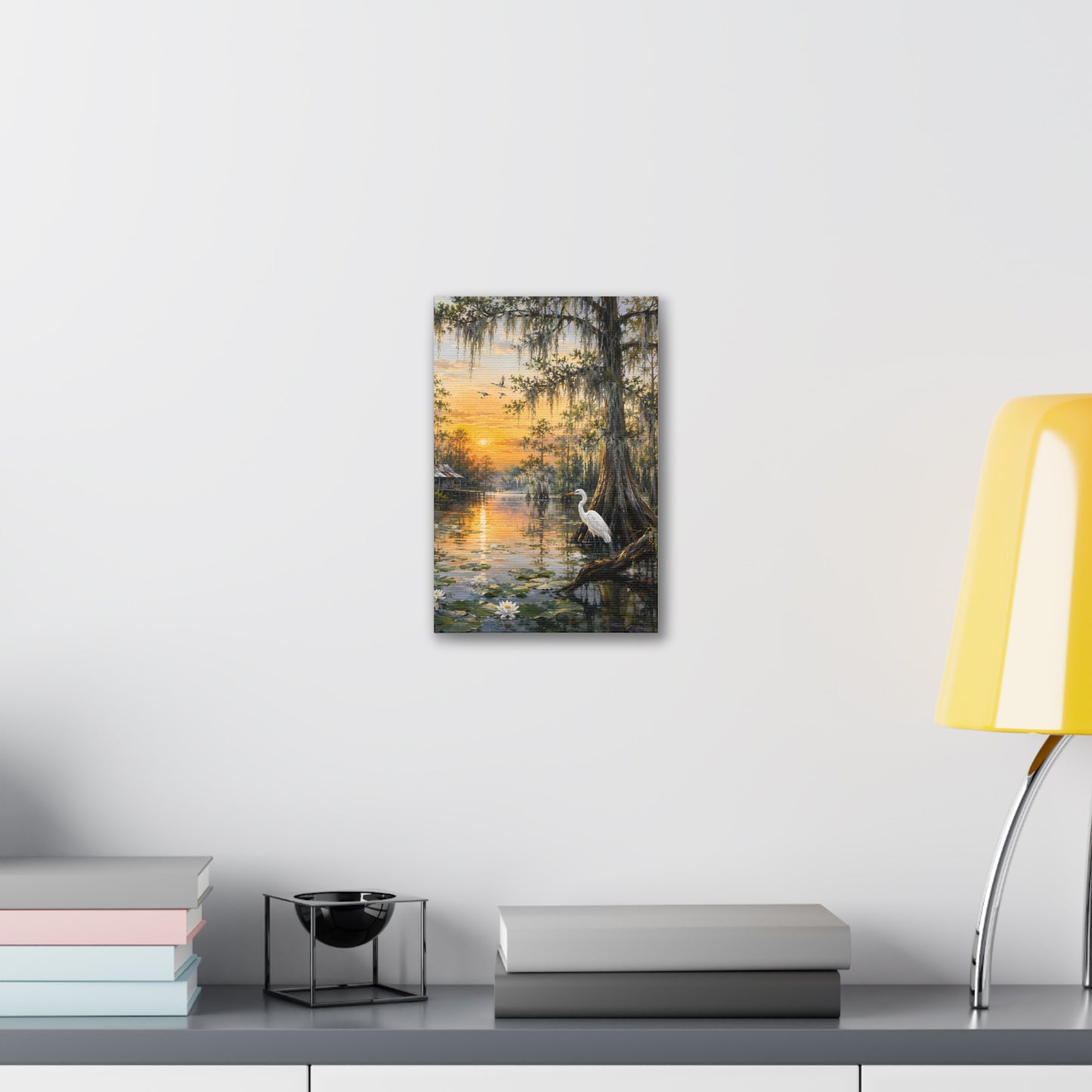 Louisiana Sunset Bayou Canvas Wall Art — Egret & Cypress Stretched Print