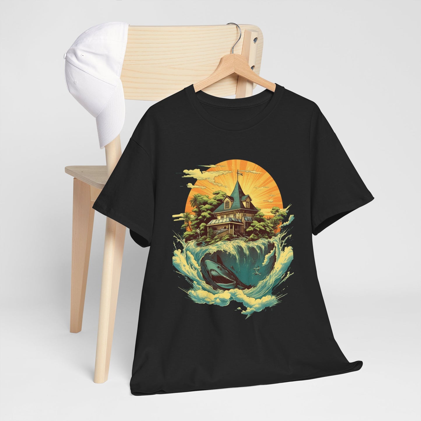 Scenic Whale & Cottage T-Shirt — Vintage Sunset Ocean Graphic Tee