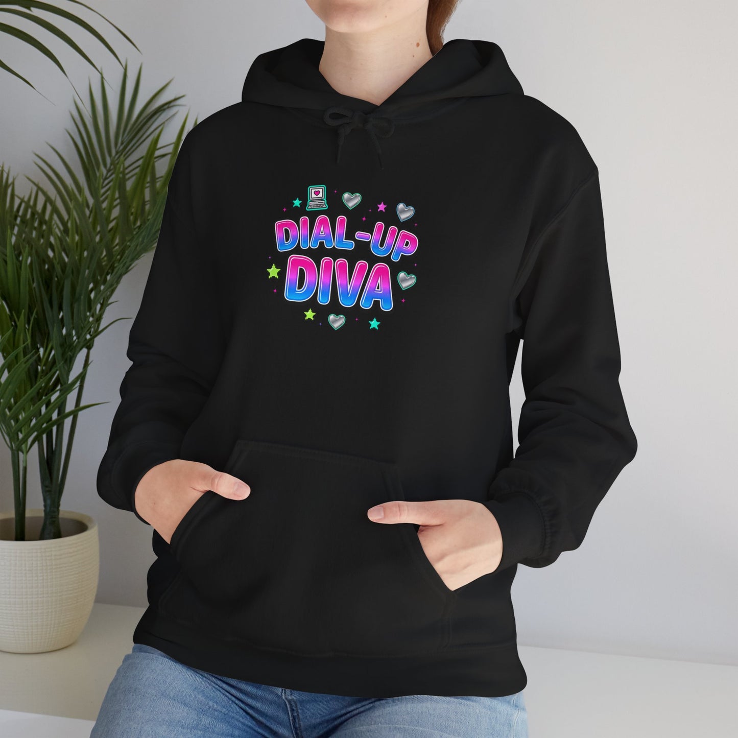Dial-Up Diva Hoodie Y2K slogan, hot pink bubble text, cyber nostalgia