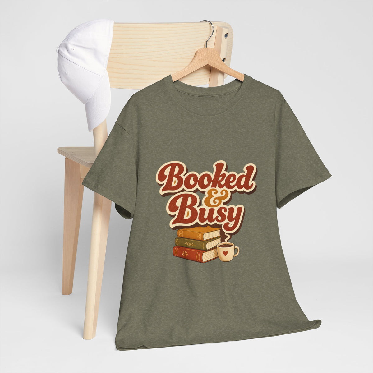 Booked & Busy T-Shirt — Cozy Book Lover Tee with Coffee Stack
