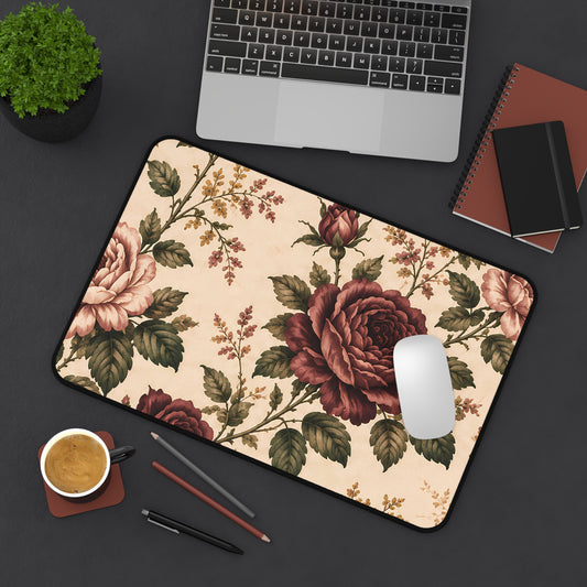 Southern Rose Floral Tea & Books Desk Mat — Vintage Cottagecore Mouse Pad