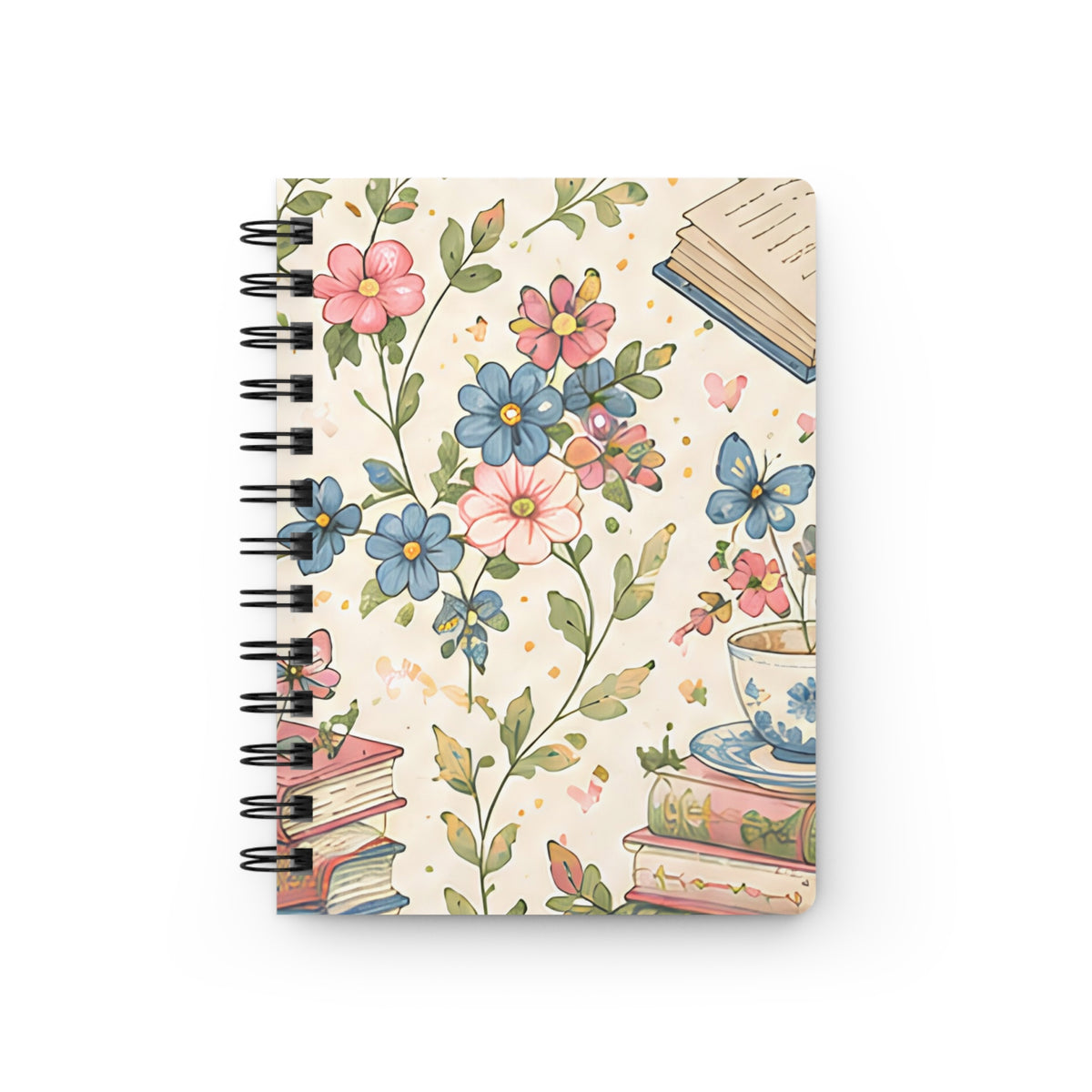 Bookish Blooms Floral Tea & Books Spiral Journal — Vintage Botanical Notebook for Writing, Notes & Gifts