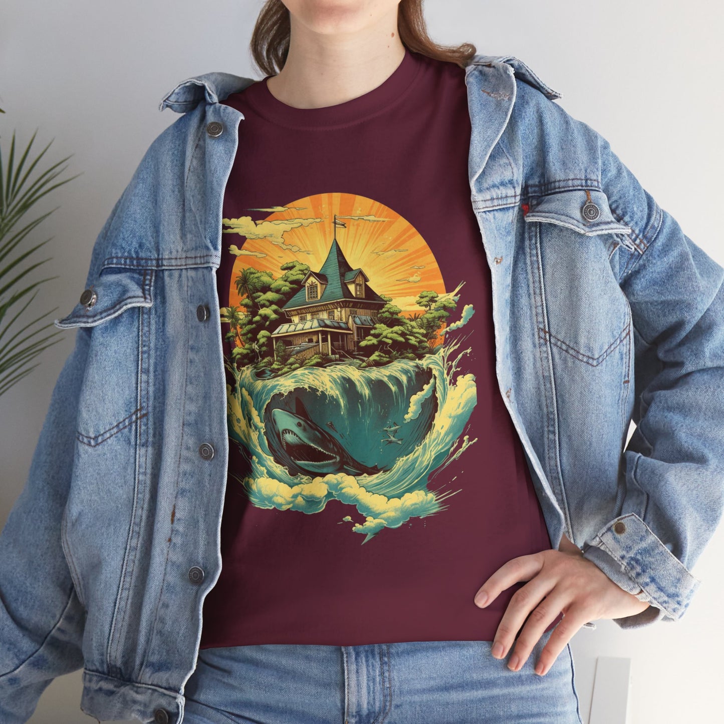 Scenic Whale & Cottage T-Shirt — Vintage Sunset Ocean Graphic Tee