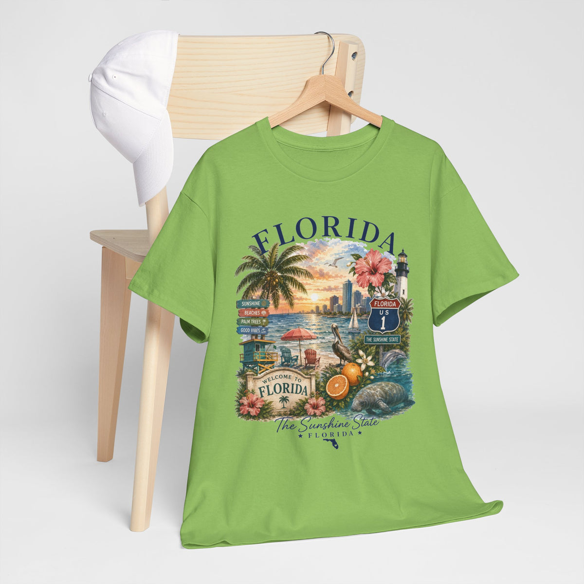Florida Vintage Travel T-Shirt — Retro Beach Sunset, Lighthouse & Oranges Tee