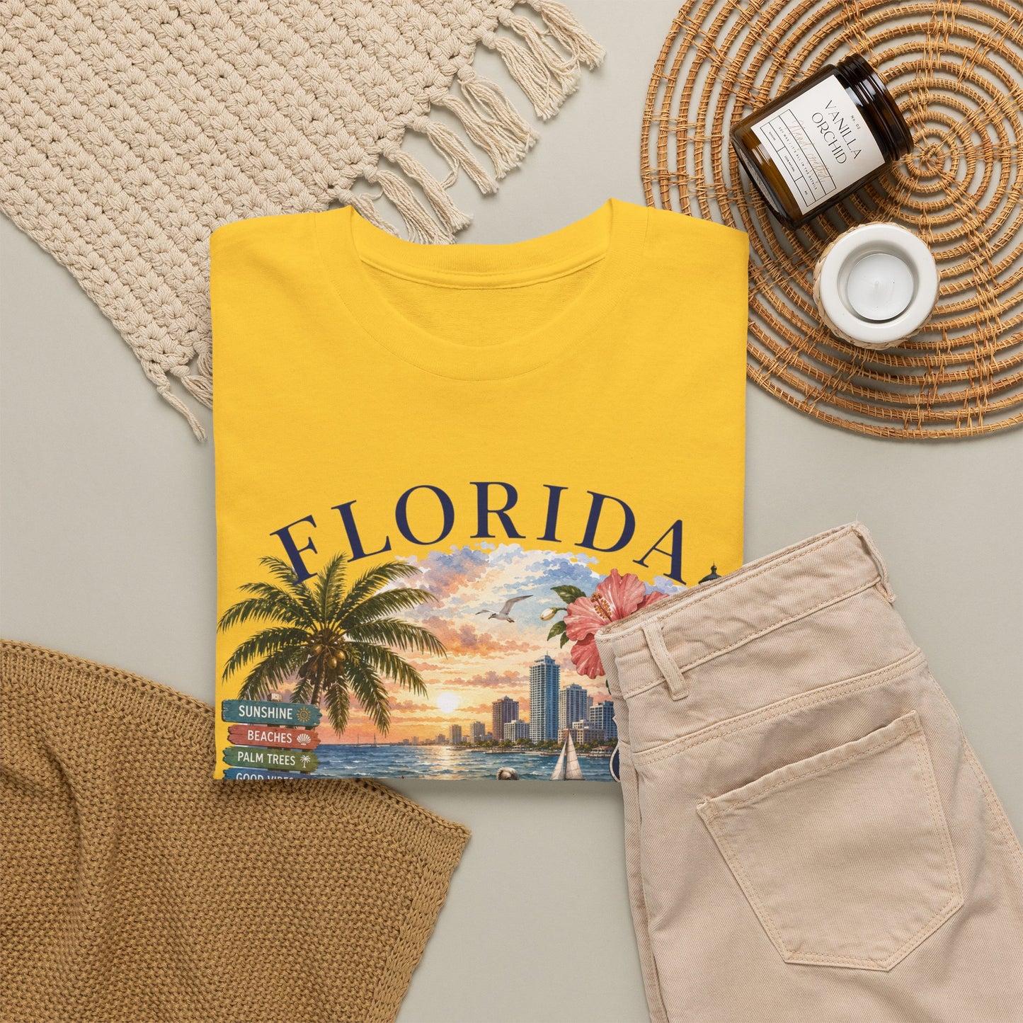 Florida Vintage Travel T-Shirt — Retro Beach Sunset, Lighthouse & Oranges Tee