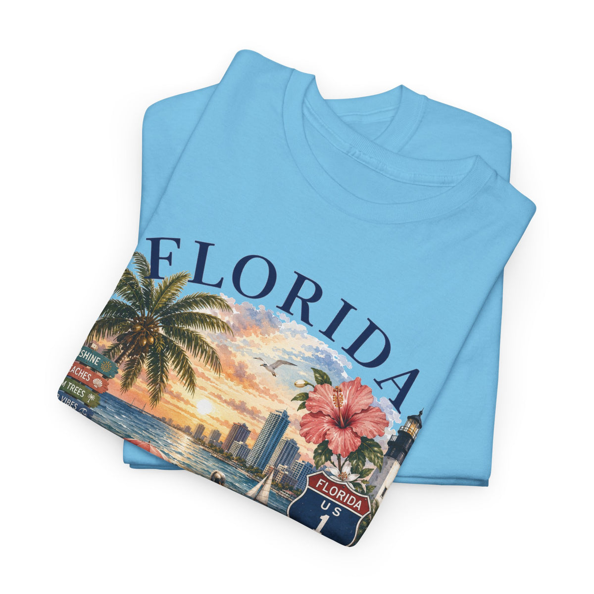 Florida Vintage Travel T-Shirt — Retro Beach Sunset, Lighthouse & Oranges Tee