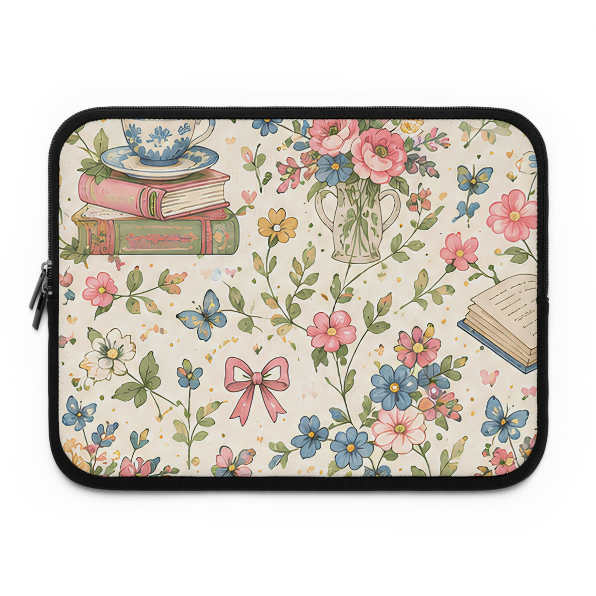 Bookish Blooms Floral Bookish Laptop Sleeve — Tea Cup, Books & Blossoms Protective Case