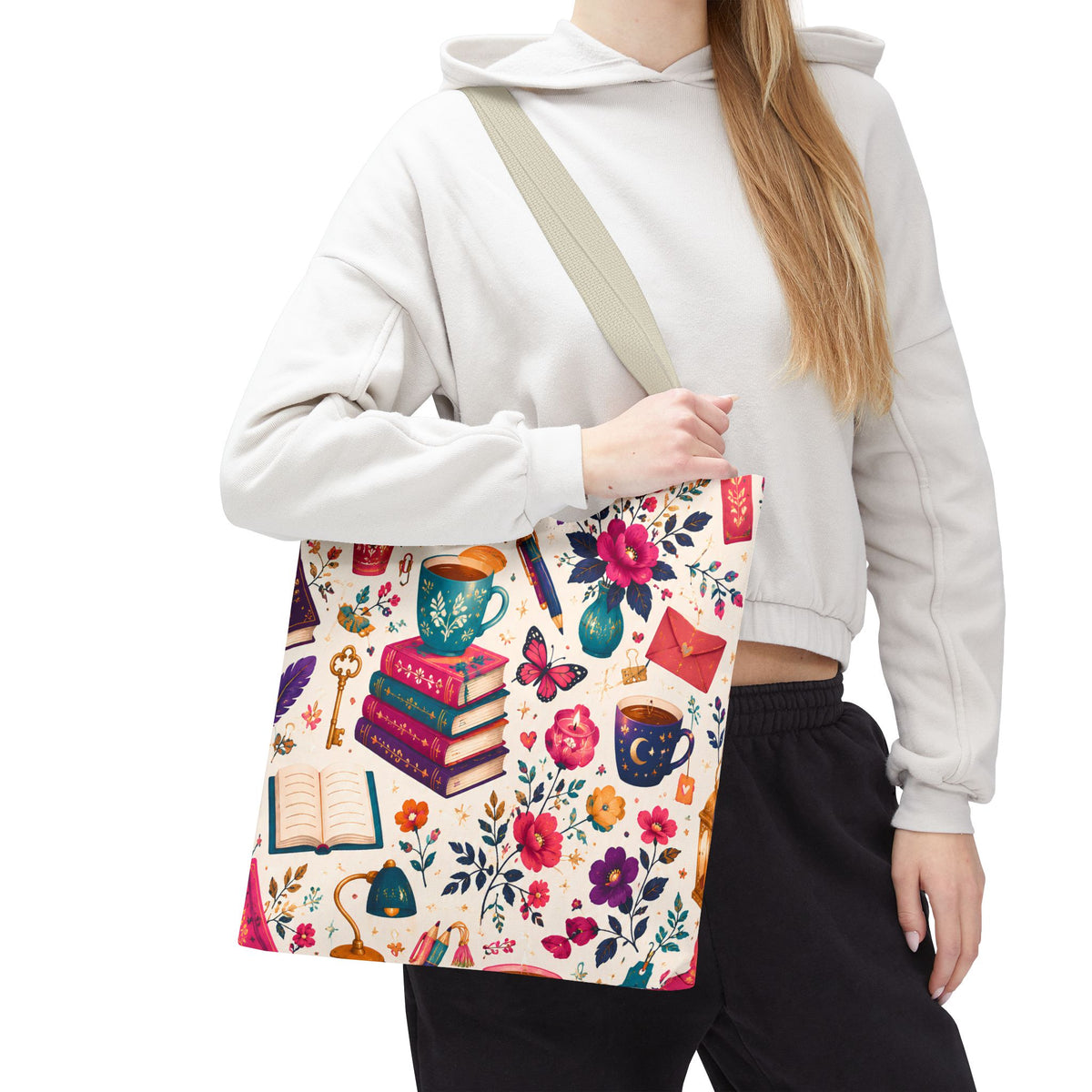 Whimsy & Wonder Floral Books Tote Bag — Vintage Garden Print AOP