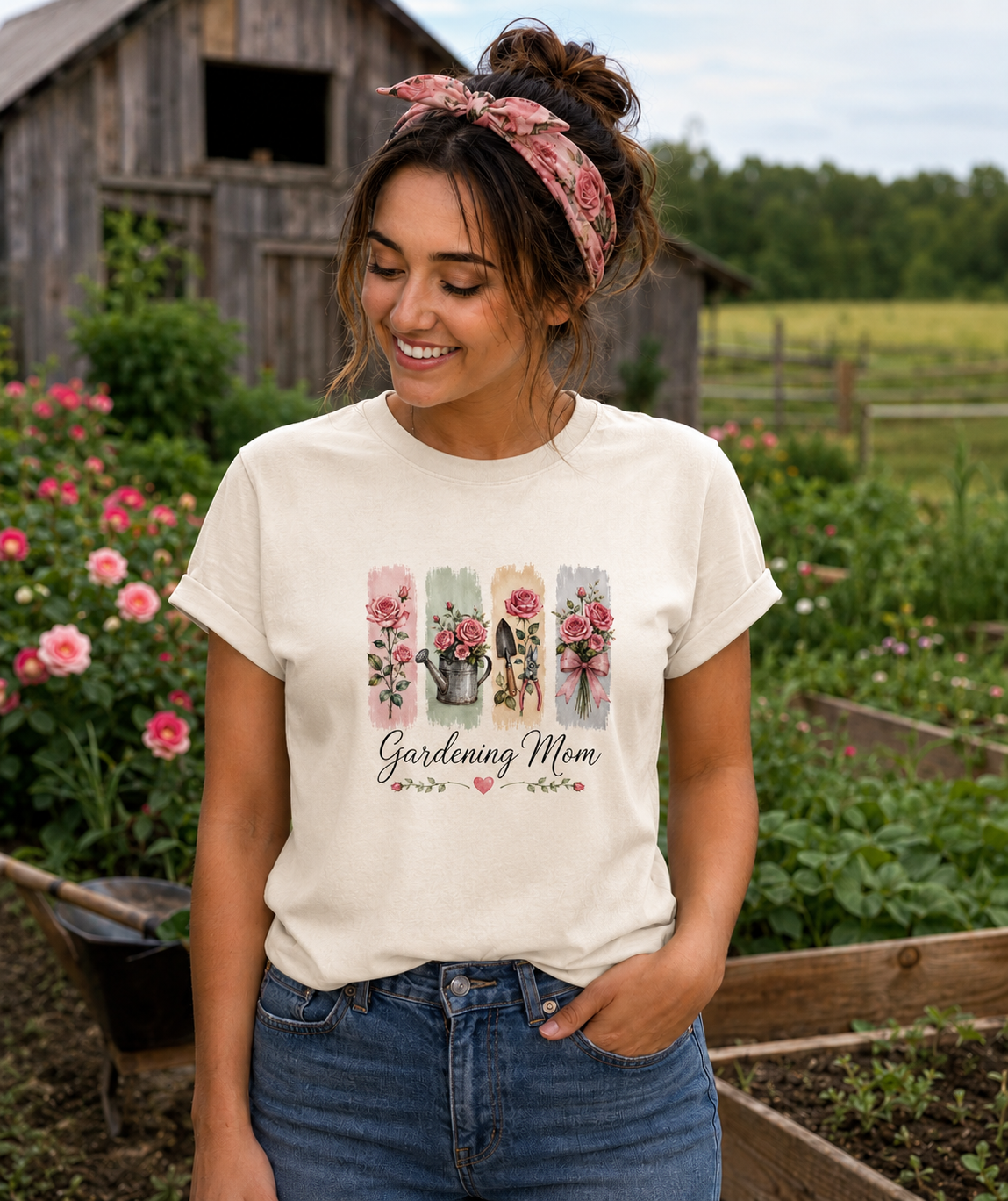 Gardening Mom RosesT-Shirt – Floral Watercolor Garden Tools Tee