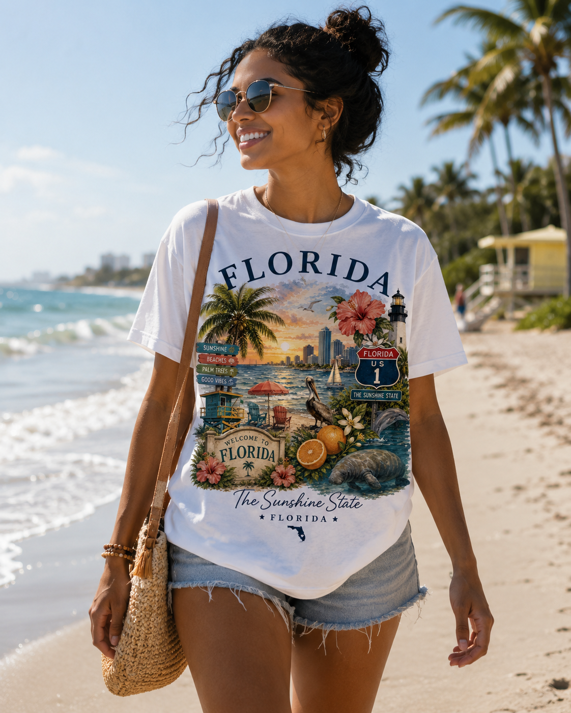 Florida Vintage Travel T-Shirt — Retro Beach Sunset, Lighthouse & Oranges Tee