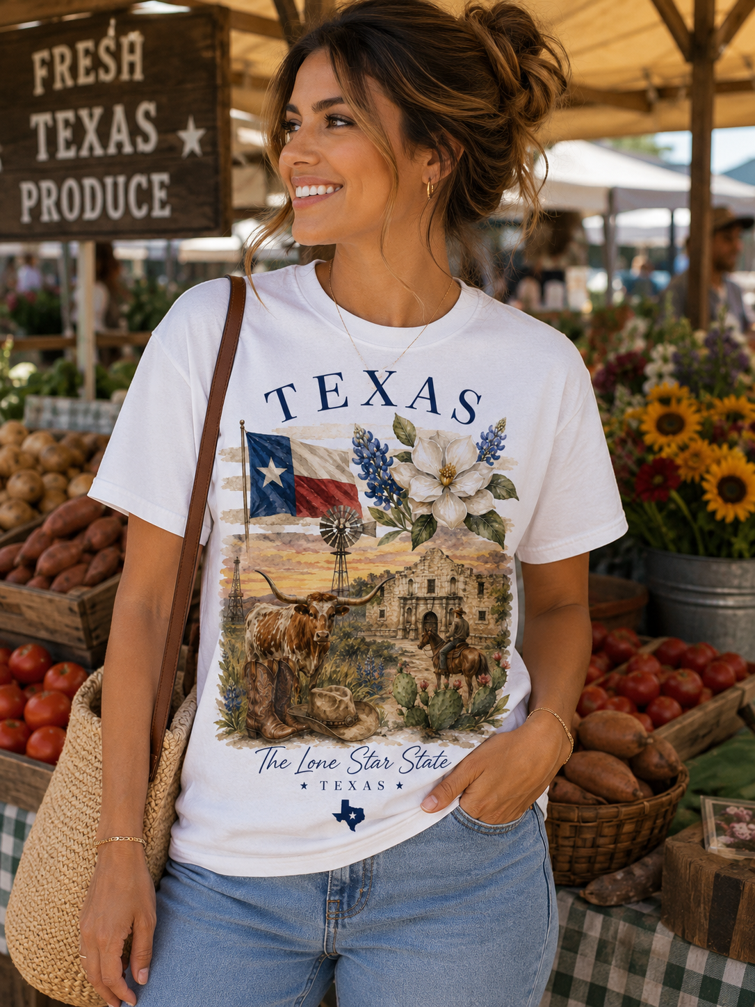 Texas Vintage Scenic T-Shirt — Lone Star Flag & Wildflower Graphic