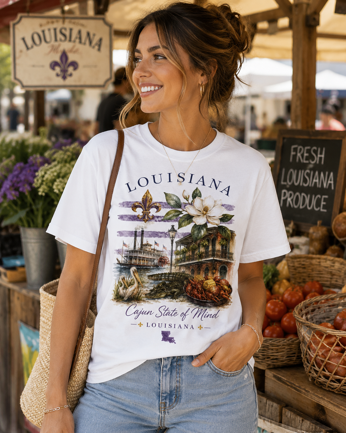 Louisiana Vintage Collage T-Shirt — Magnolia, Steamboat & Cajun Icons Tee
