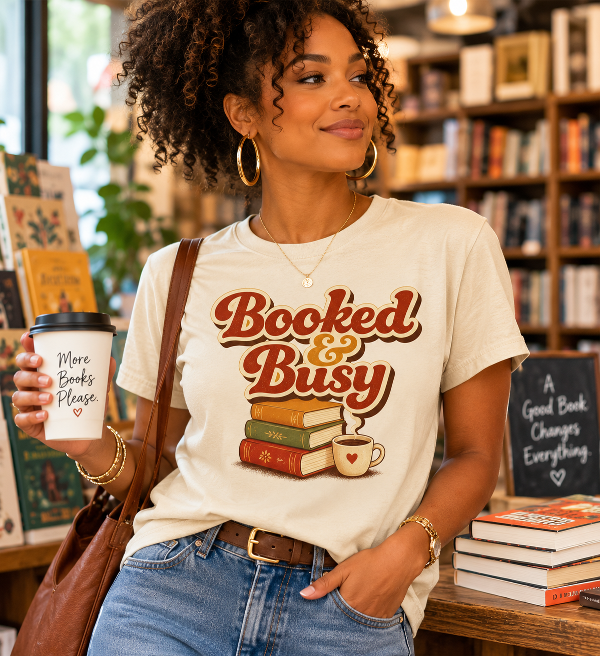 Booked & Busy T-Shirt — Cozy Book Lover Tee with Coffee Stack