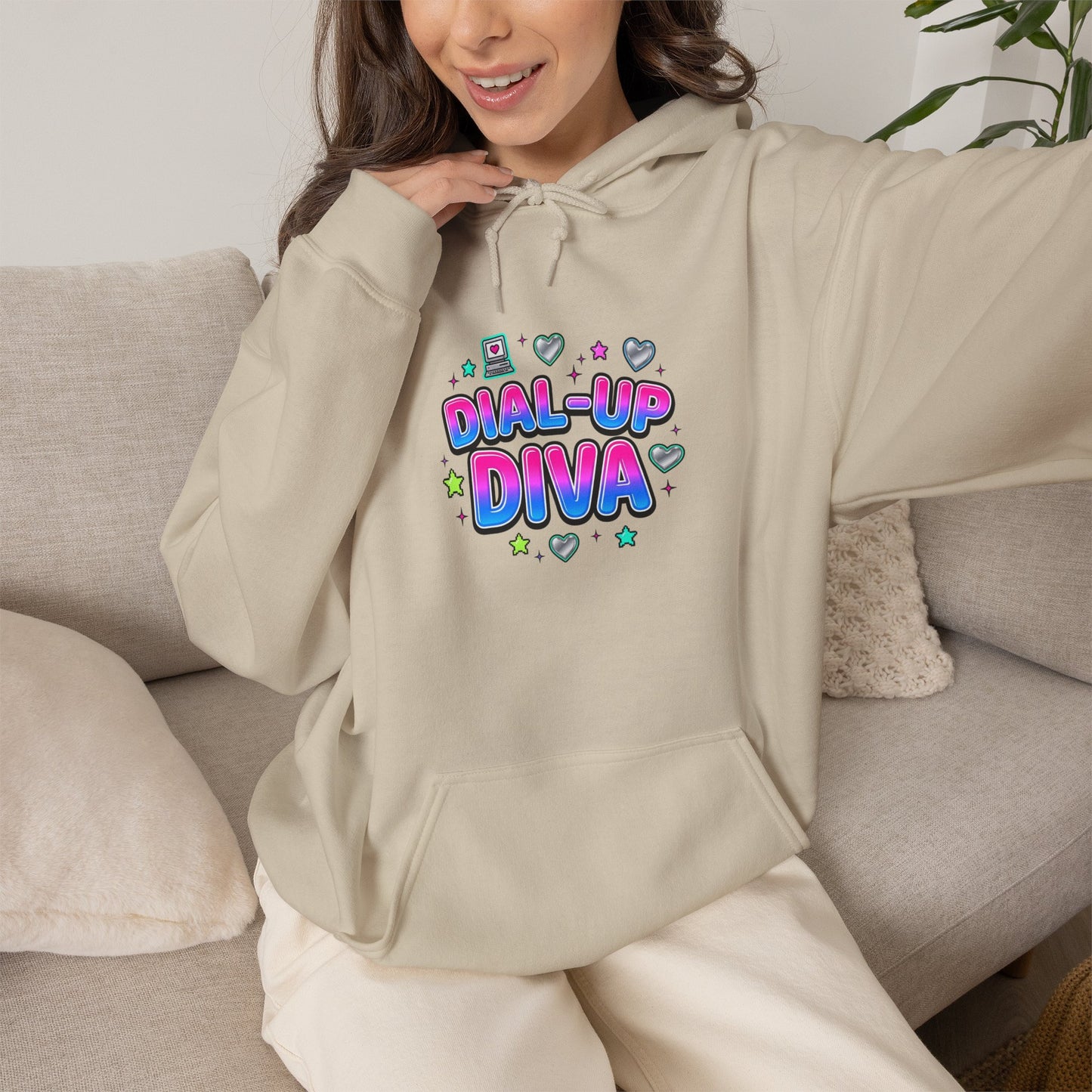 Dial-Up Diva Hoodie Y2K slogan, hot pink bubble text, cyber nostalgia