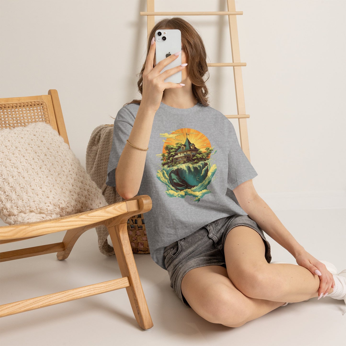 Scenic Whale & Cottage T-Shirt — Vintage Sunset Ocean Graphic Tee