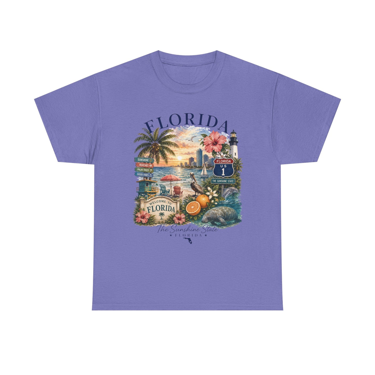 Florida Vintage Travel T-Shirt — Retro Beach Sunset, Lighthouse & Oranges Tee