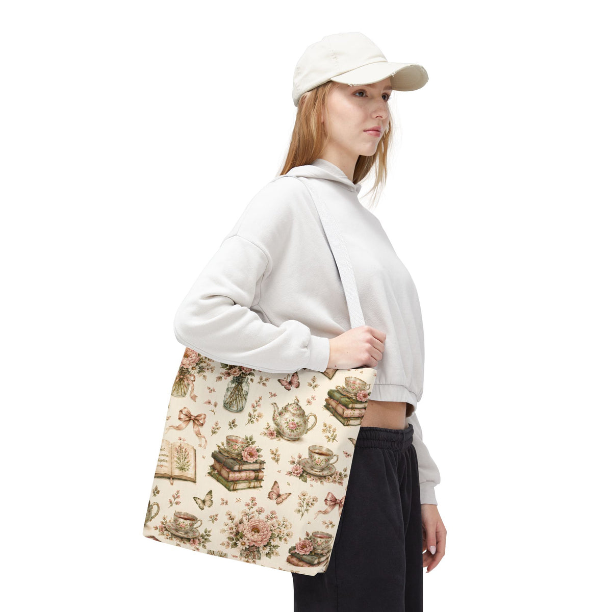 Tea & Pages Floral Books Tote Bag — Vintage Garden Print AOP