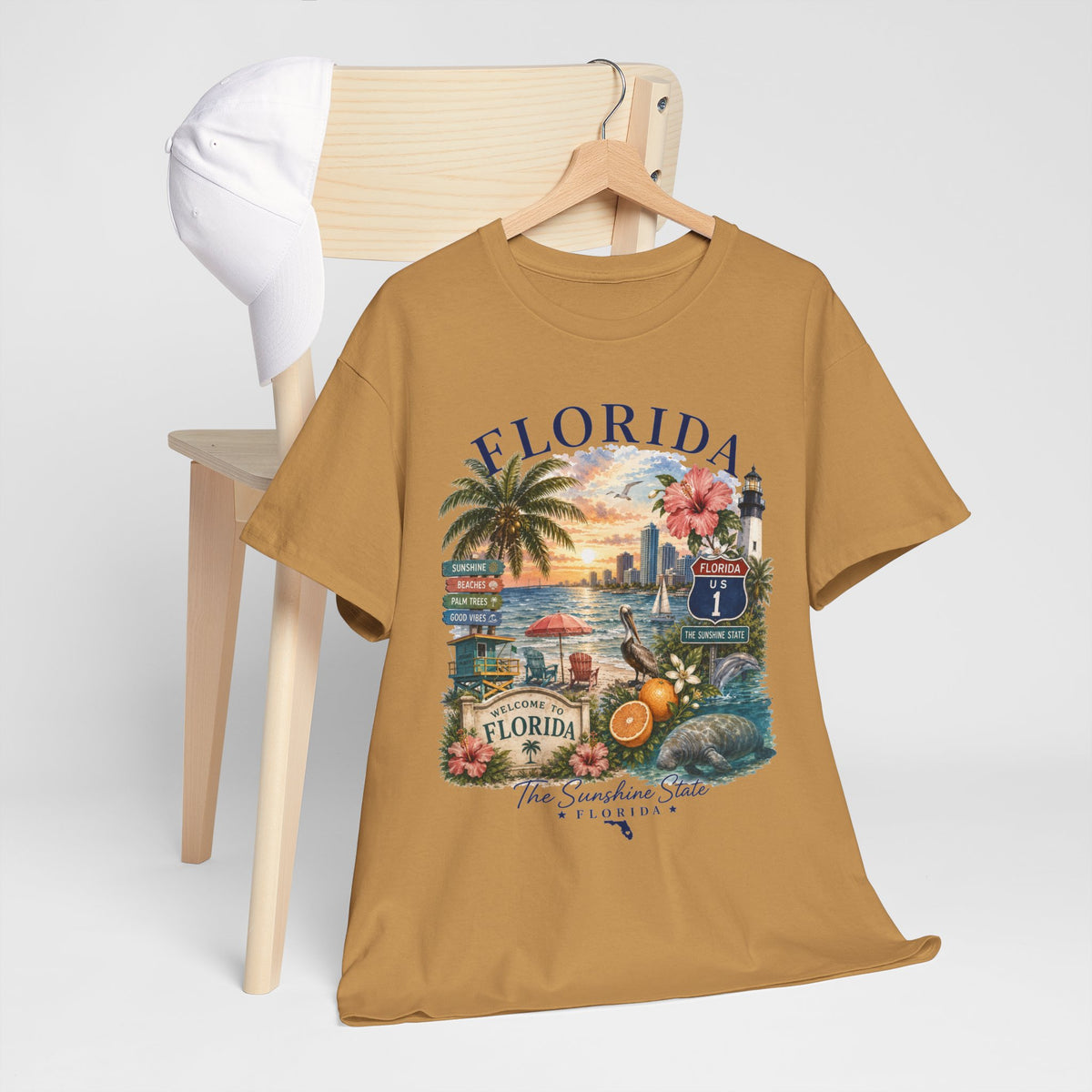 Florida Vintage Travel T-Shirt — Retro Beach Sunset, Lighthouse & Oranges Tee