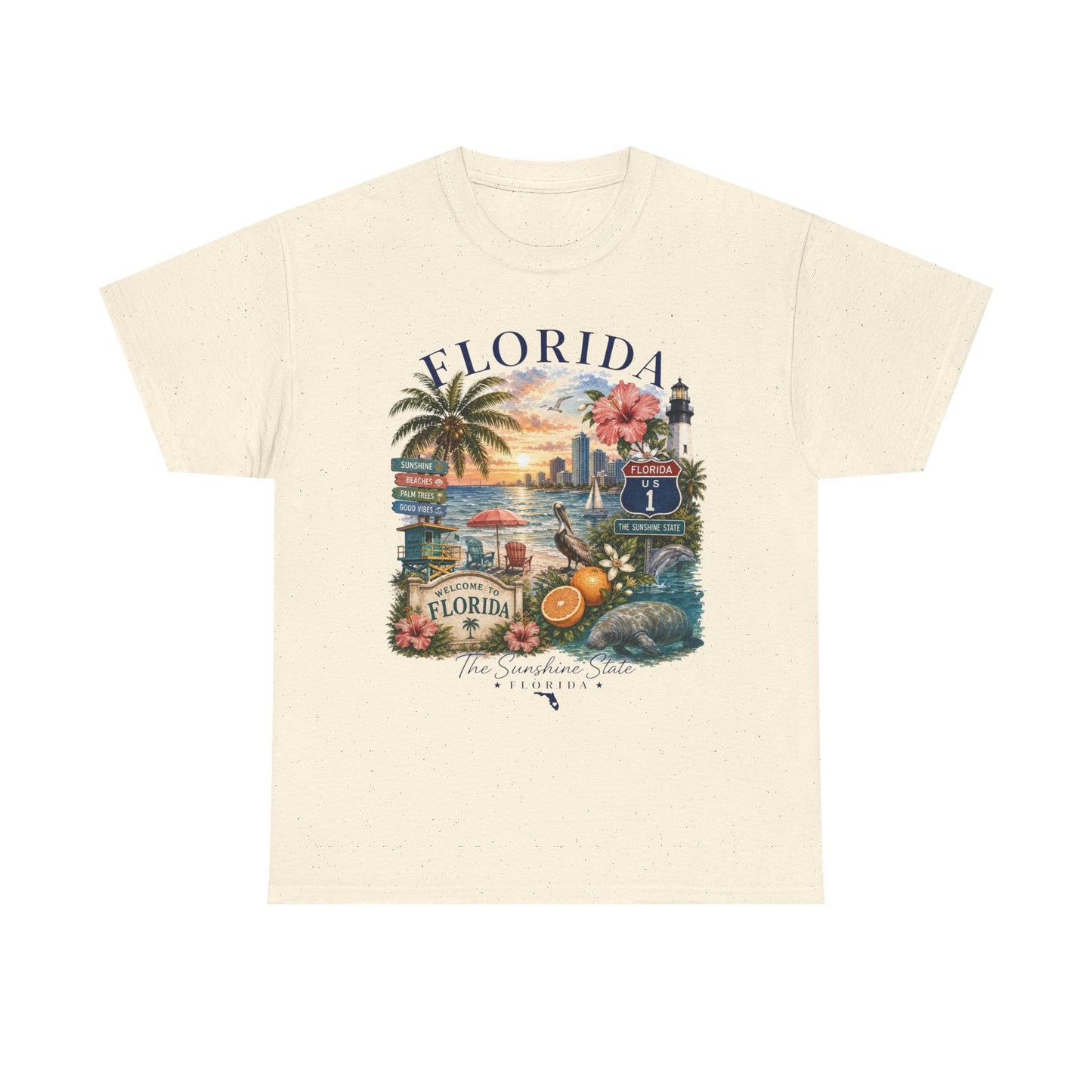 Florida Vintage Travel T-Shirt — Retro Beach Sunset, Lighthouse & Oranges Tee