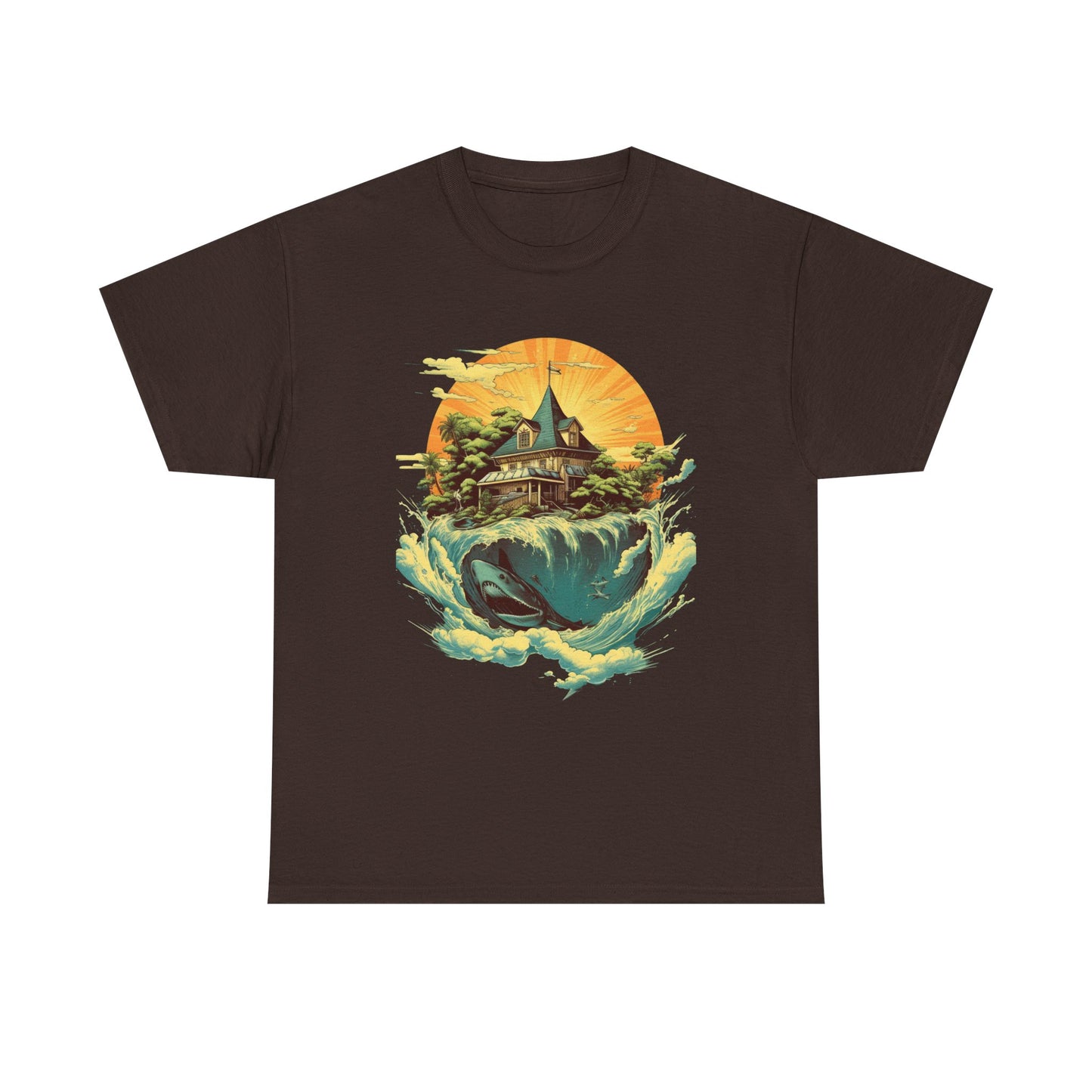 Scenic Whale & Cottage T-Shirt — Vintage Sunset Ocean Graphic Tee