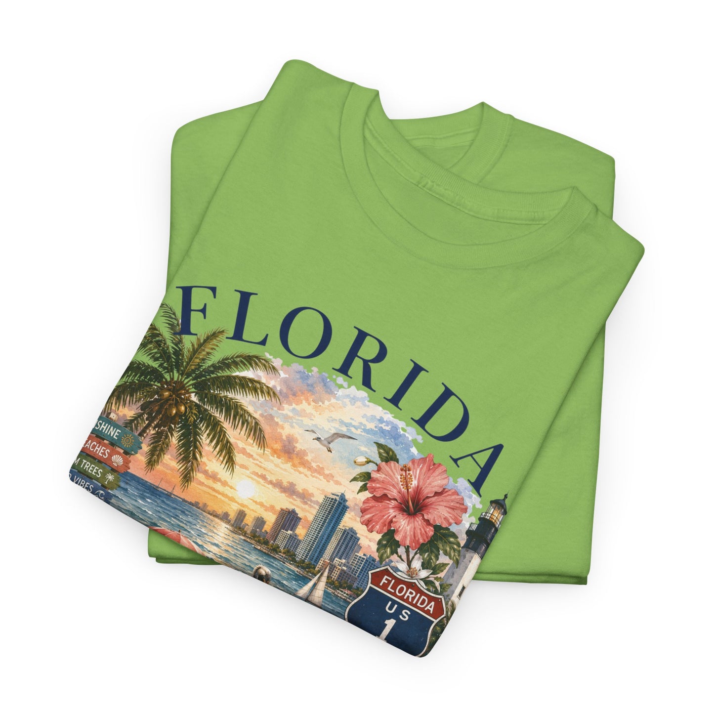 Florida Vintage Travel T-Shirt — Retro Beach Sunset, Lighthouse & Oranges Tee
