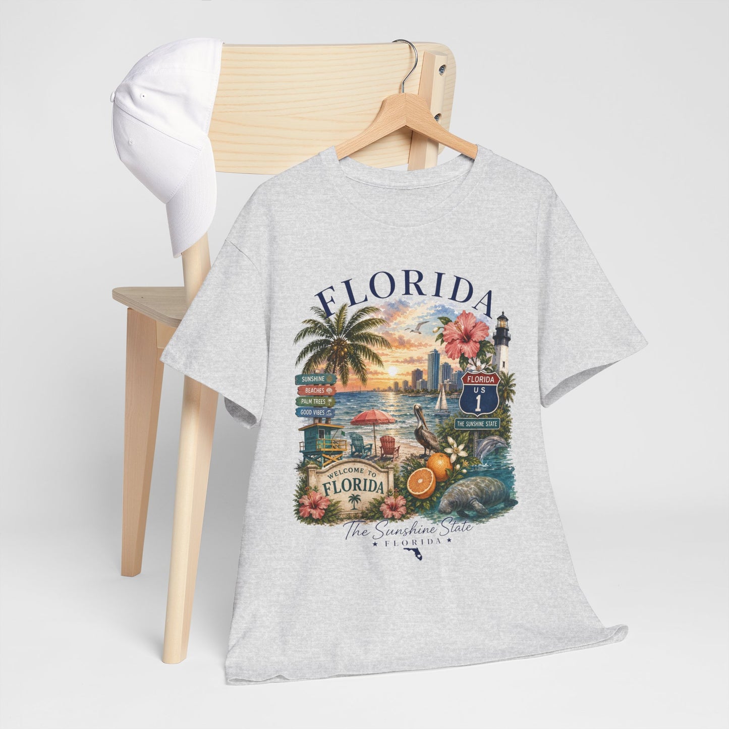 Florida Vintage Travel T-Shirt — Retro Beach Sunset, Lighthouse & Oranges Tee