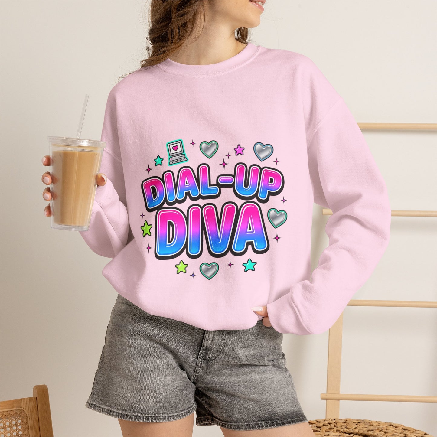 Dial-Up Diva Sweatshirt Y2K slogan, hot pink cyber nostalgia