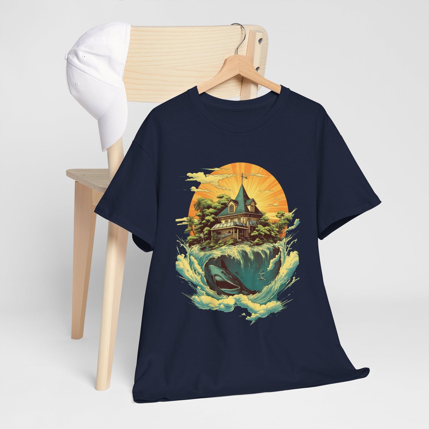Scenic Whale & Cottage T-Shirt — Vintage Sunset Ocean Graphic Tee