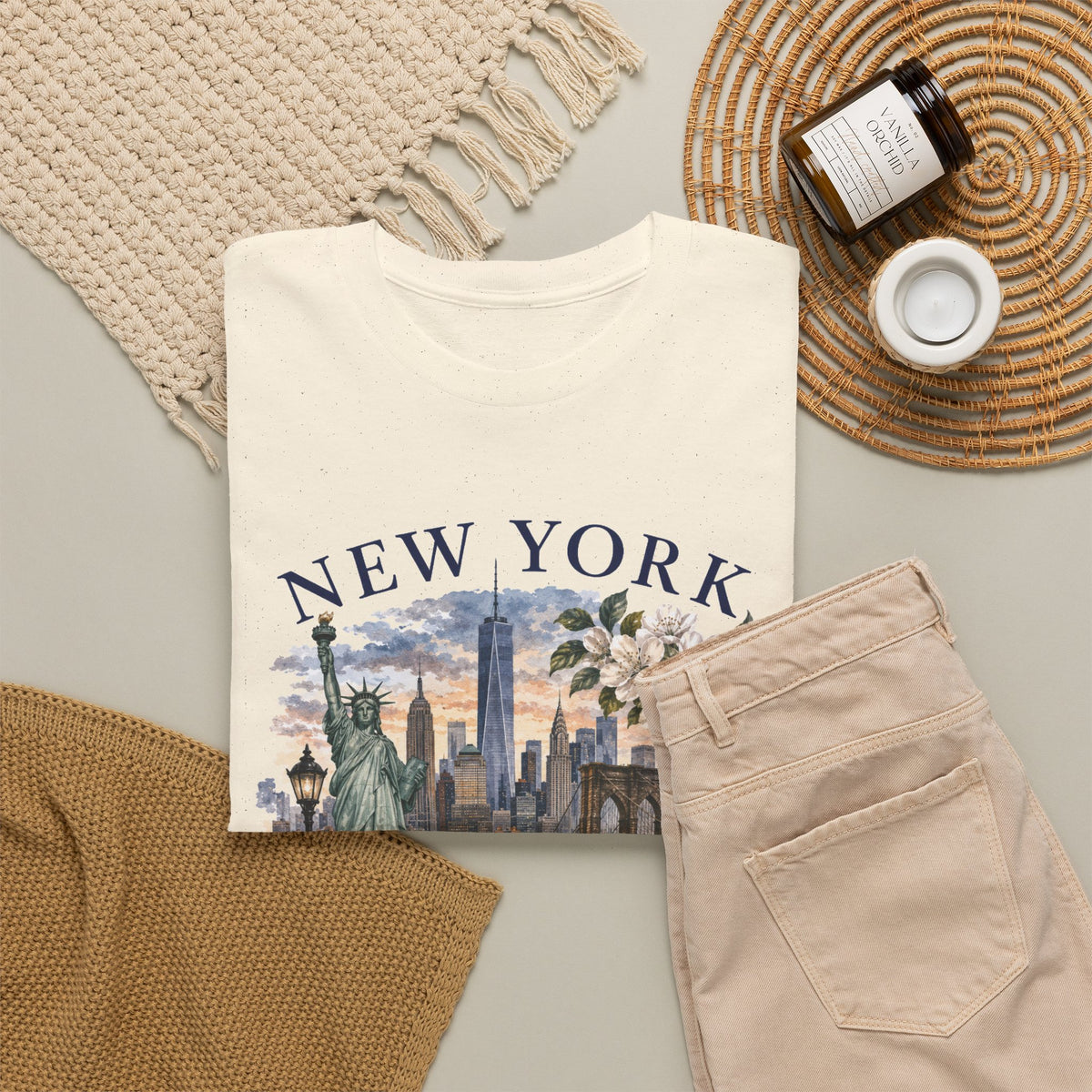 New York City Vintage Travel Tee — NYC Skyline, Yellow Cab & Landmark Collage