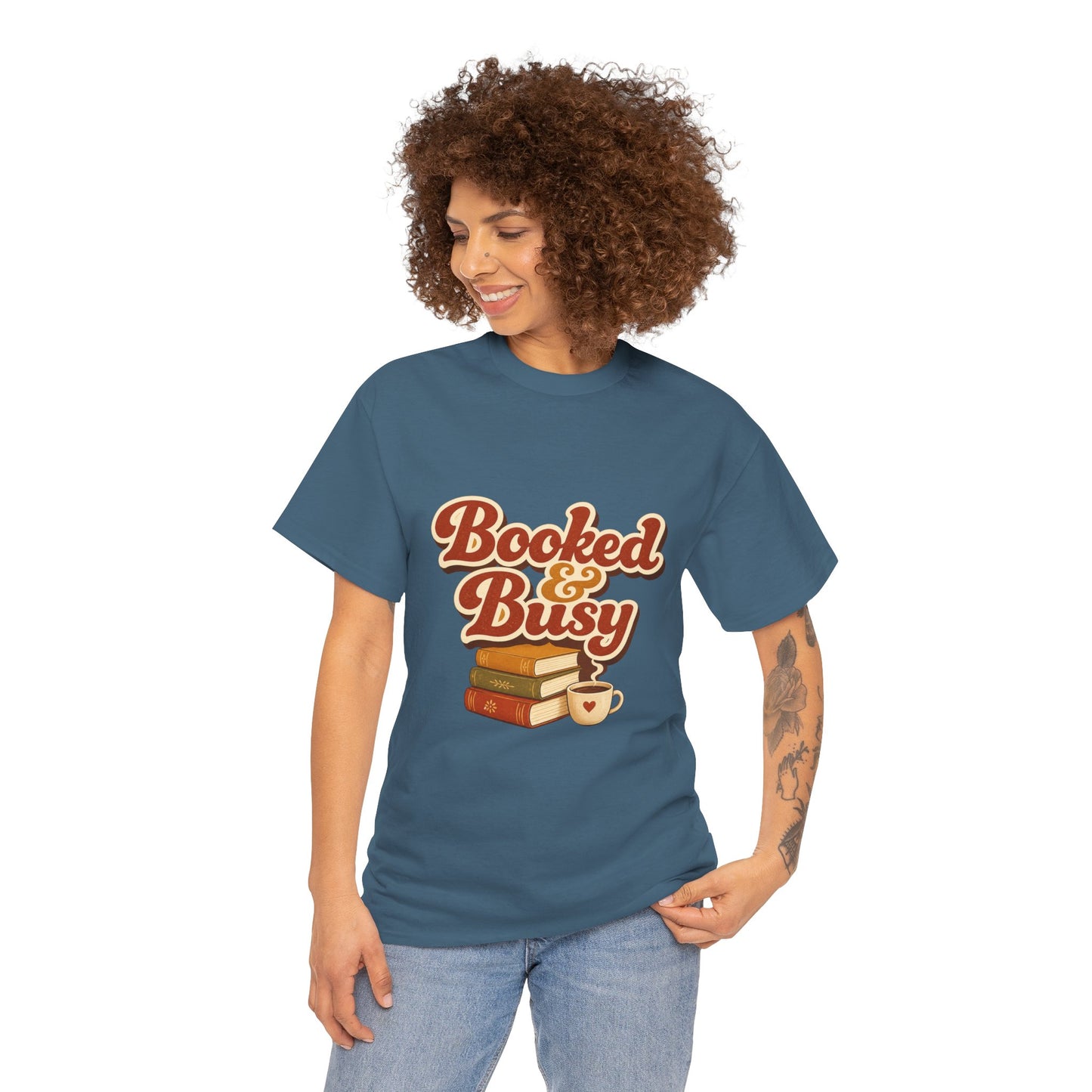 Booked & Busy T-Shirt — Cozy Book Lover Tee with Coffee Stack