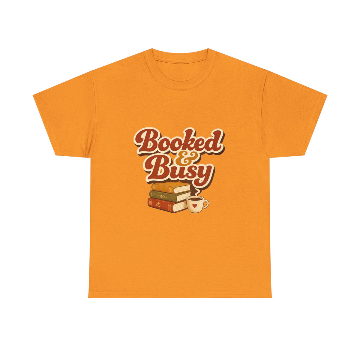 Booked & Busy T-Shirt — Cozy Book Lover Tee with Coffee Stack
