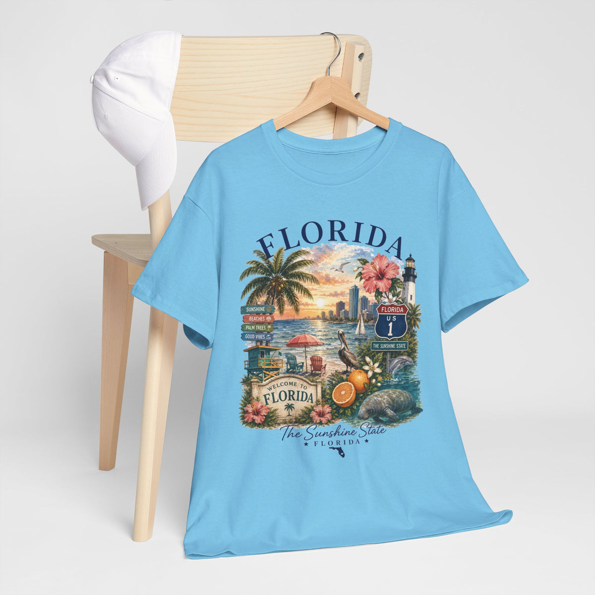 Florida Vintage Travel T-Shirt — Retro Beach Sunset, Lighthouse & Oranges Tee