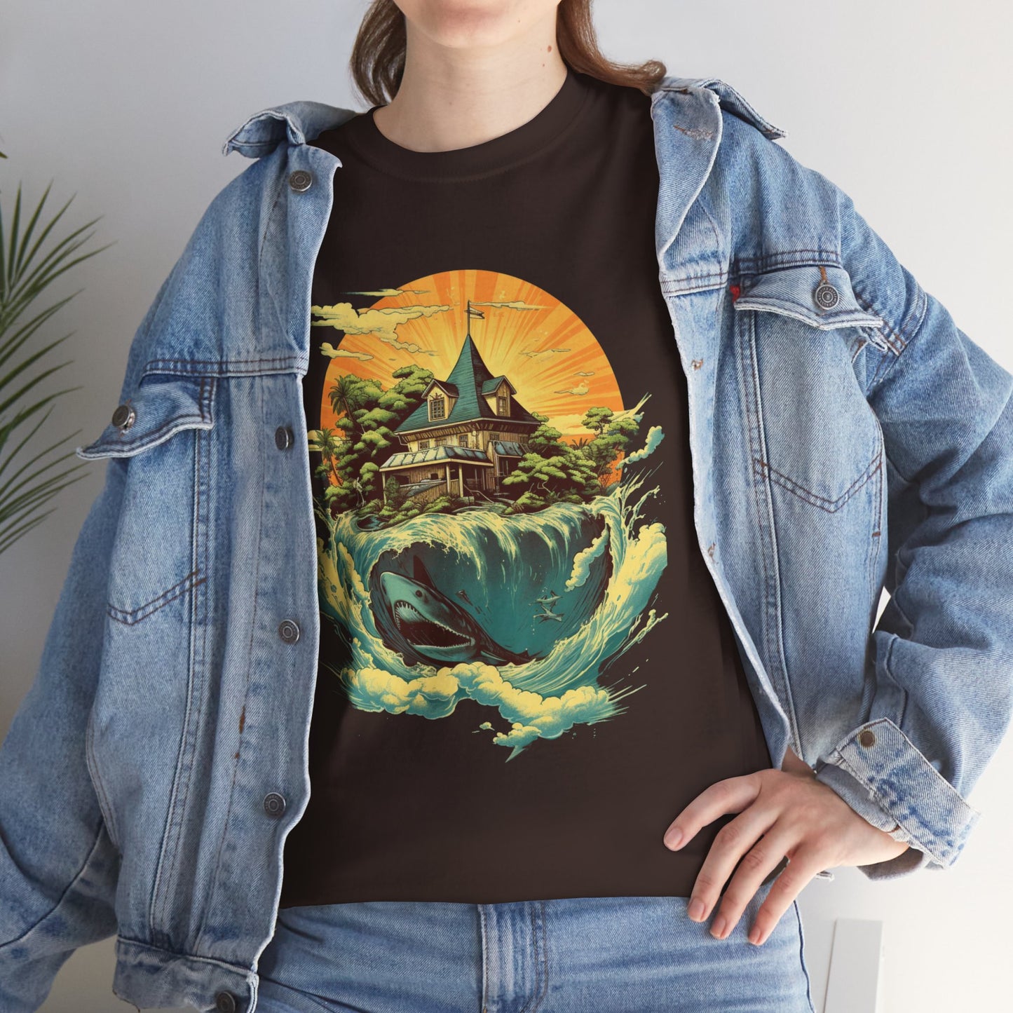 Scenic Whale & Cottage T-Shirt — Vintage Sunset Ocean Graphic Tee