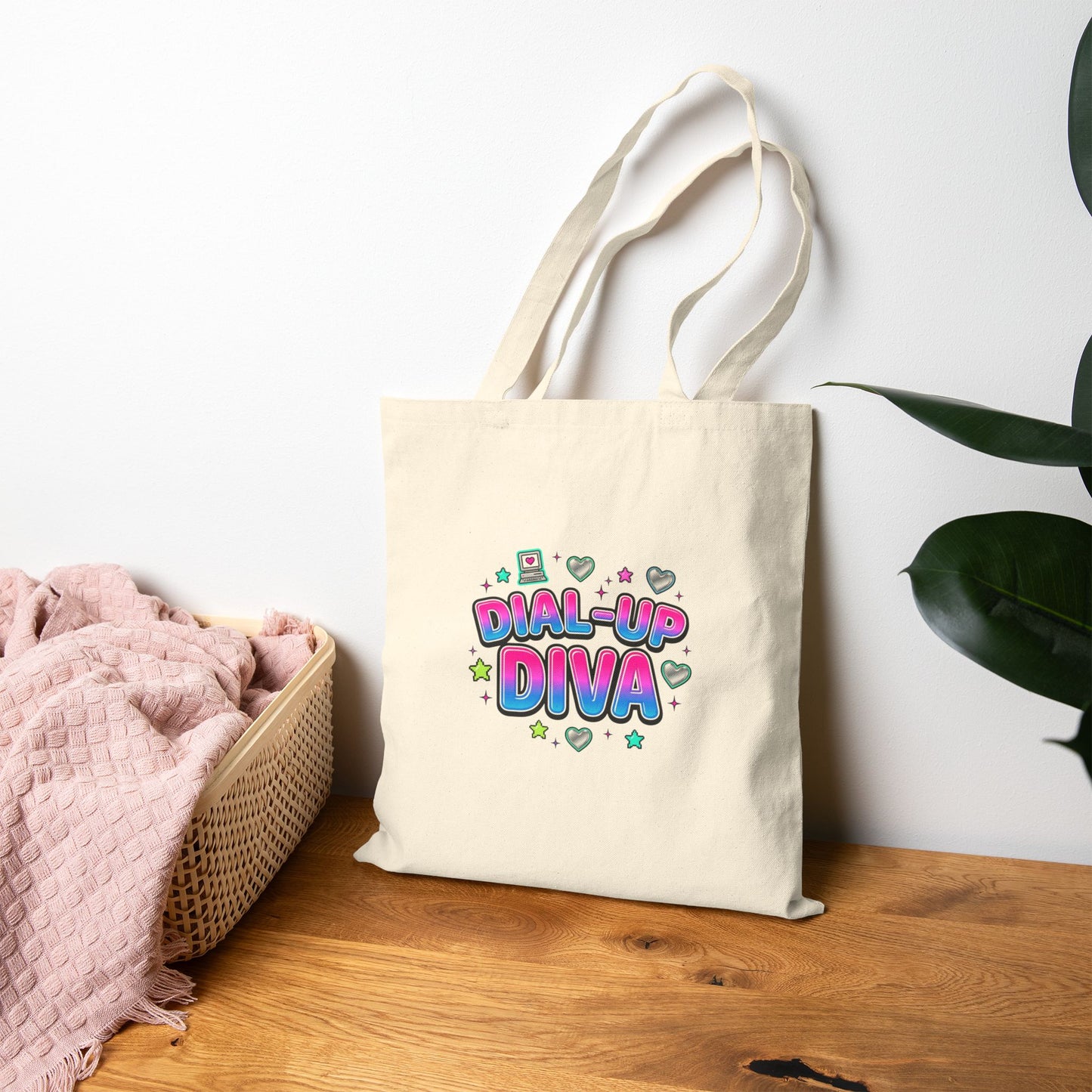 Dial-Up Diva Tote Y2K slogan, bubblegum pink, cyber nostalgia