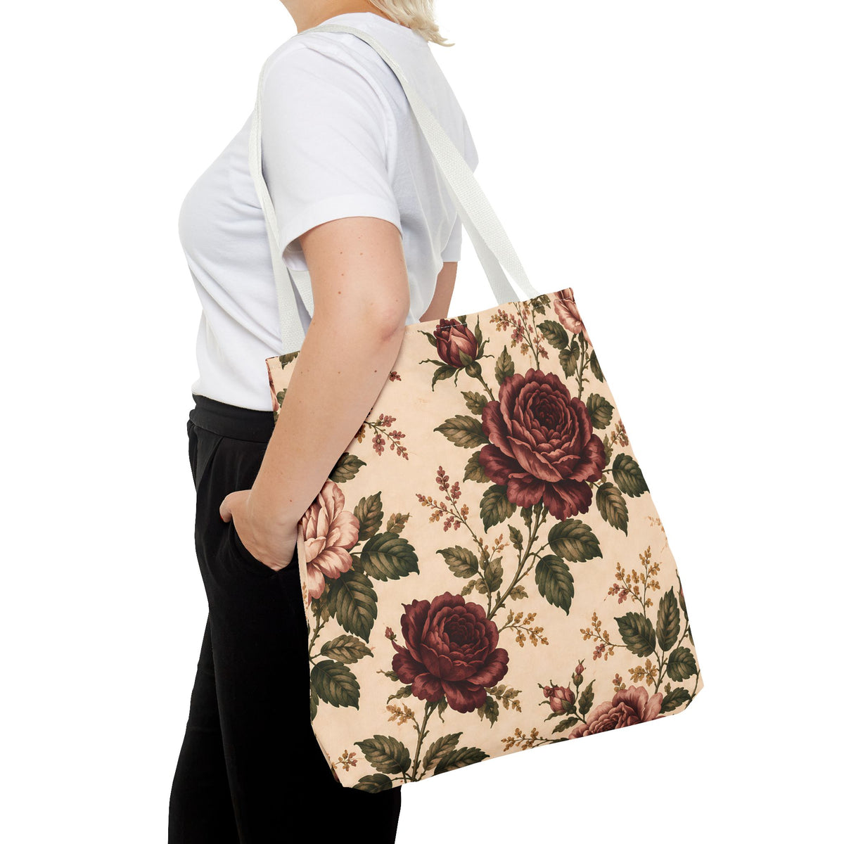 Southern Rose Floral Books Tote Bag — Vintage Garden Print AOP