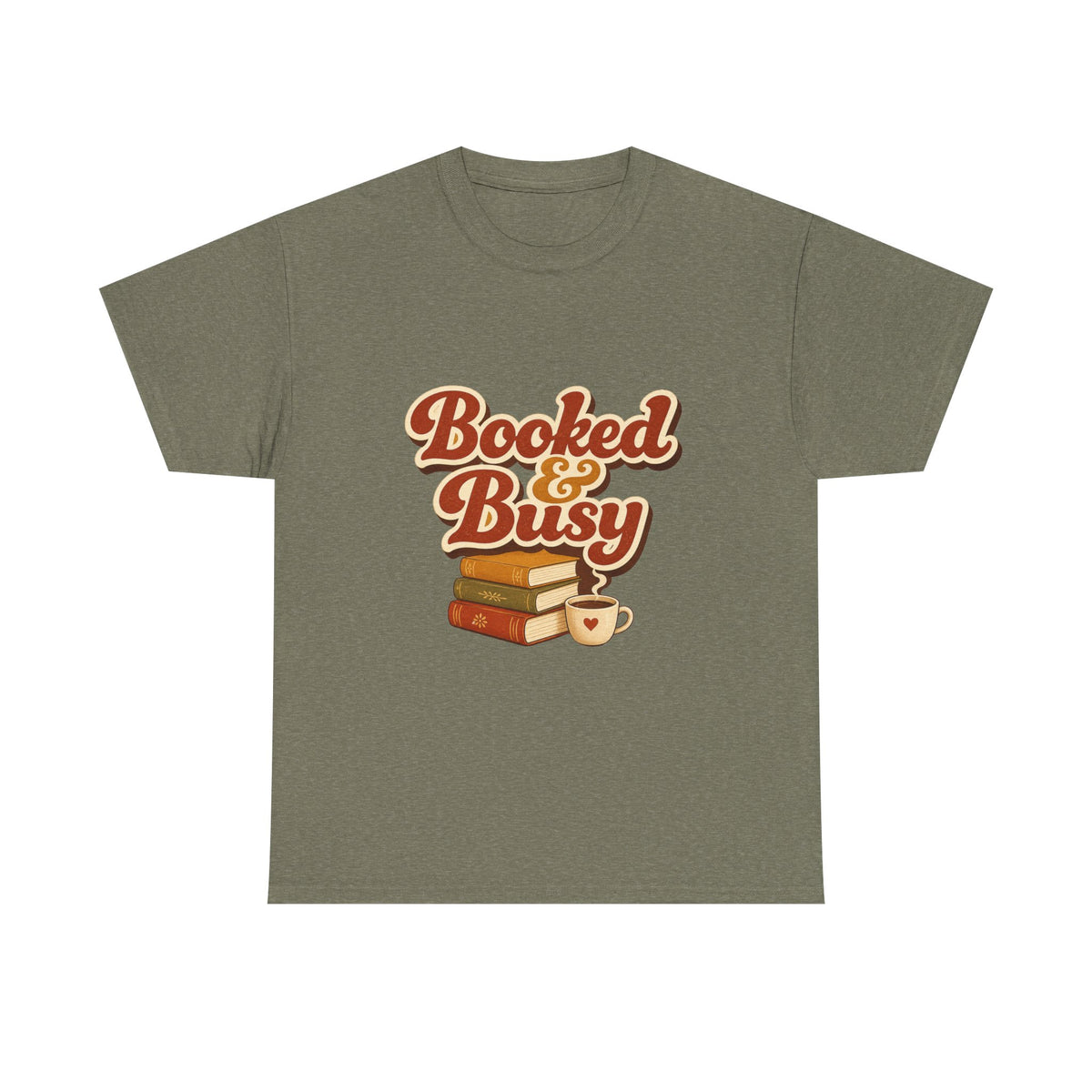 Booked & Busy T-Shirt — Cozy Book Lover Tee with Coffee Stack