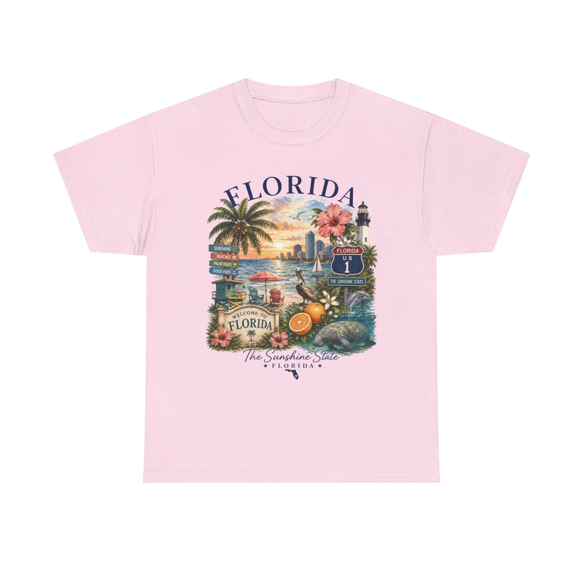 Florida Vintage Travel T-Shirt — Retro Beach Sunset, Lighthouse & Oranges Tee
