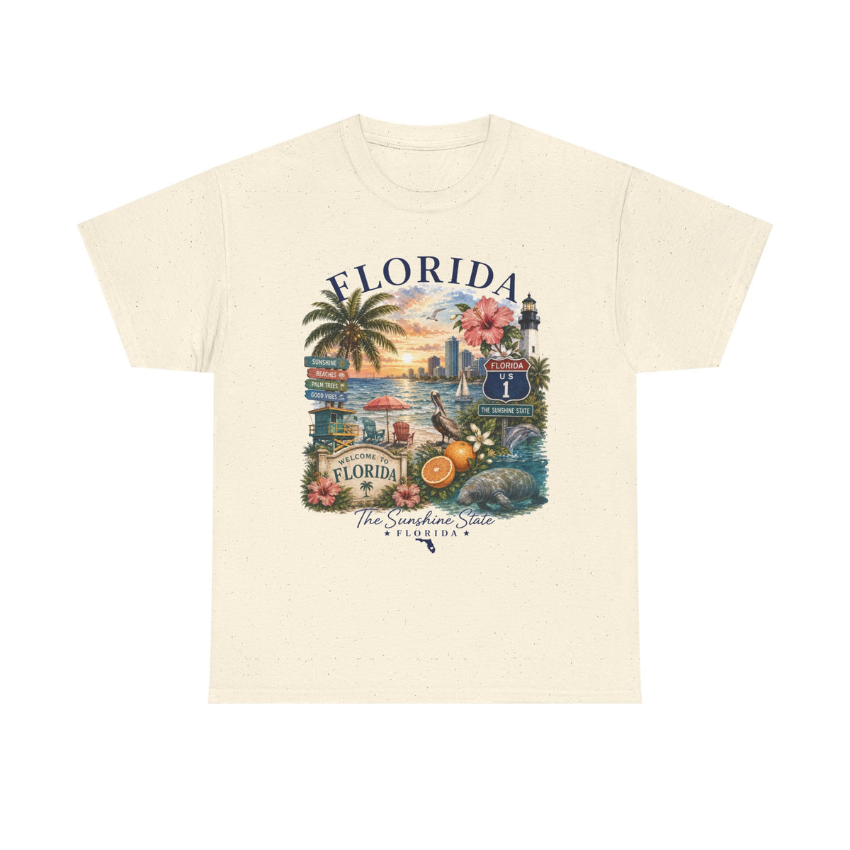 Florida Vintage Travel T-Shirt — Retro Beach Sunset, Lighthouse & Oranges Tee
