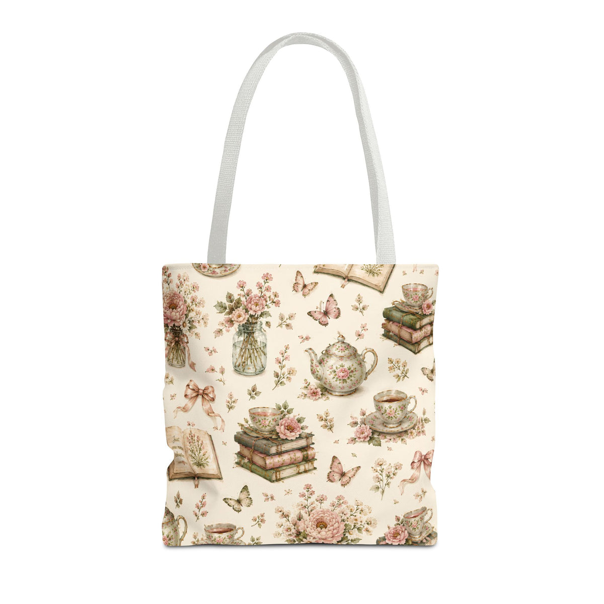Tea & Pages Floral Books Tote Bag — Vintage Garden Print AOP