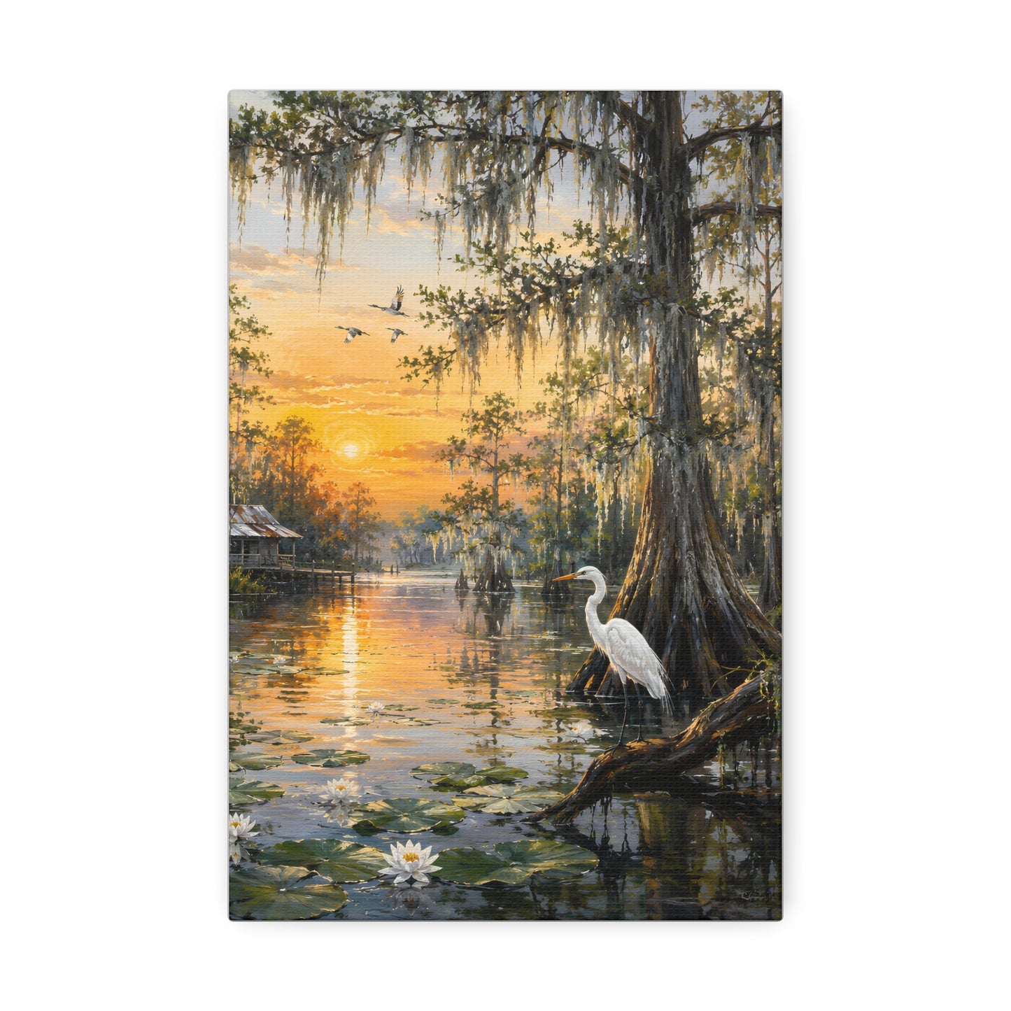 Louisiana Sunset Bayou Canvas Wall Art — Egret & Cypress Stretched Print