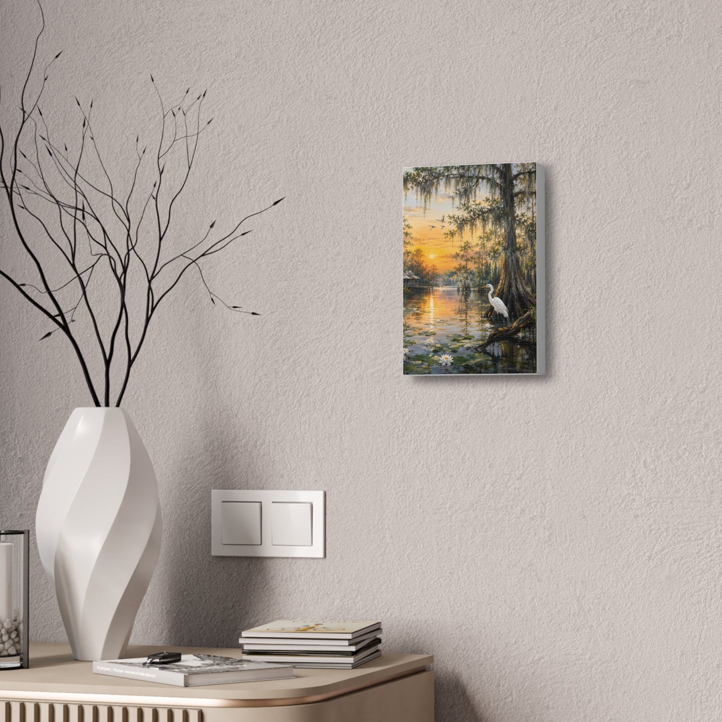 Louisiana Sunset Bayou Canvas Wall Art — Egret & Cypress Stretched Print