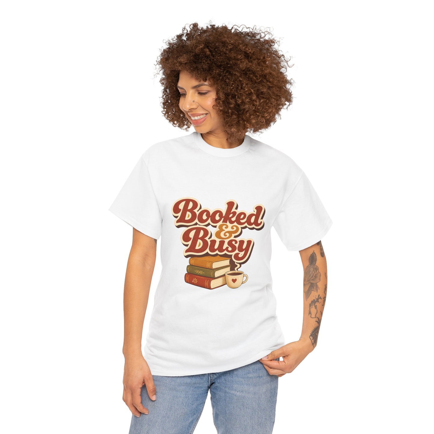 Booked & Busy T-Shirt — Cozy Book Lover Tee with Coffee Stack