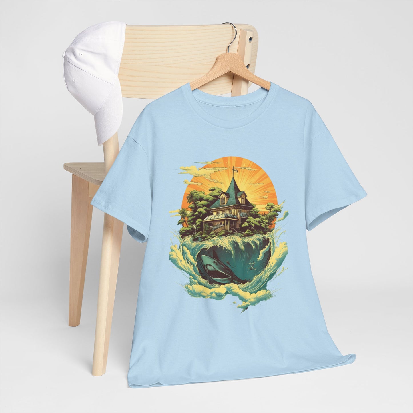 Scenic Whale & Cottage T-Shirt — Vintage Sunset Ocean Graphic Tee