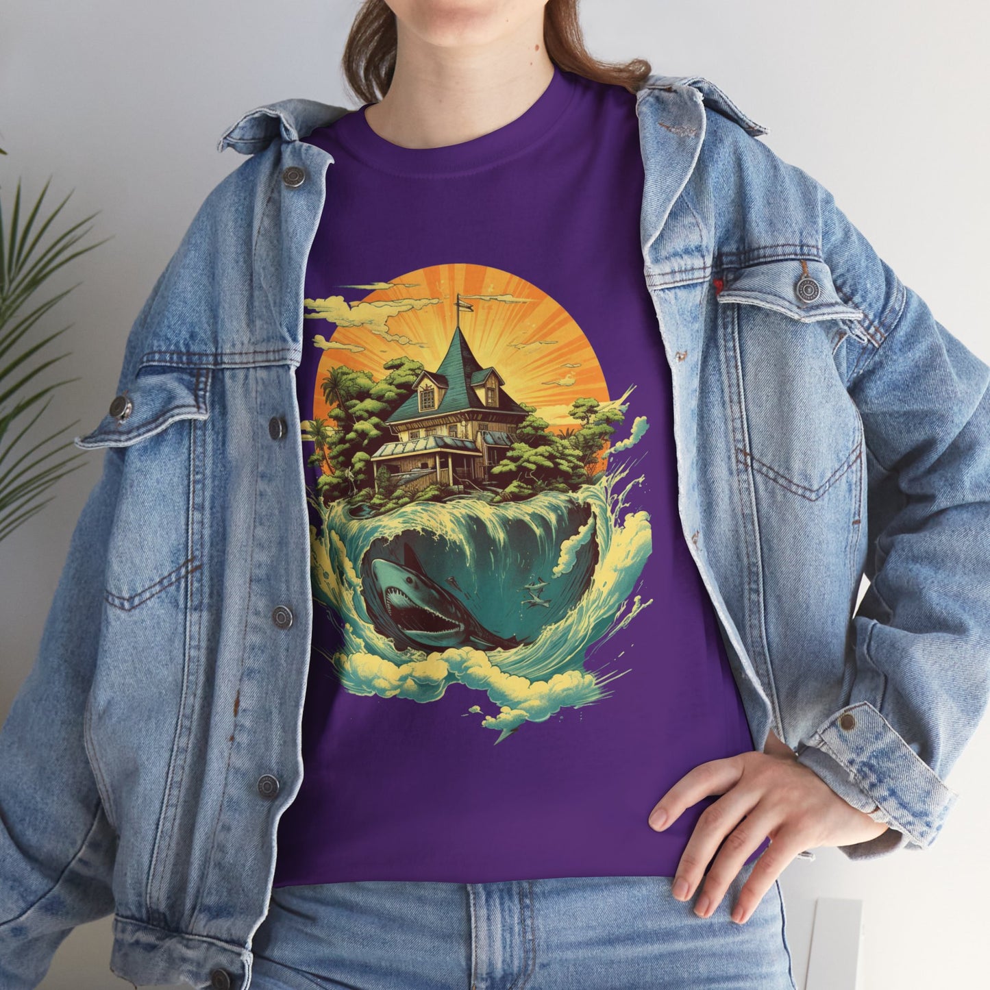 Scenic Whale & Cottage T-Shirt — Vintage Sunset Ocean Graphic Tee