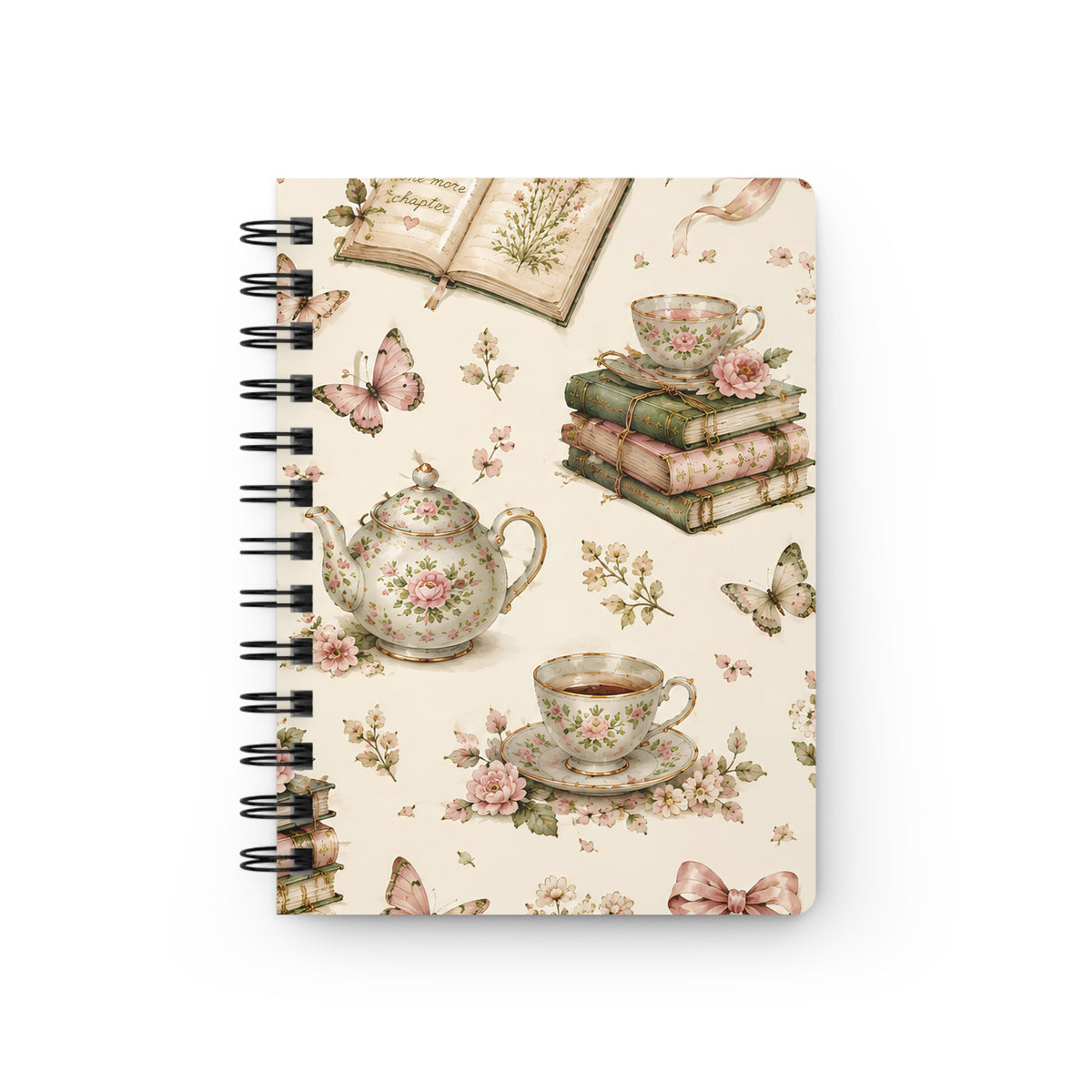Tea & Pages Floral Tea & Books Spiral Journal — Vintage Botanical Notebook for Writing, Notes & Gifts