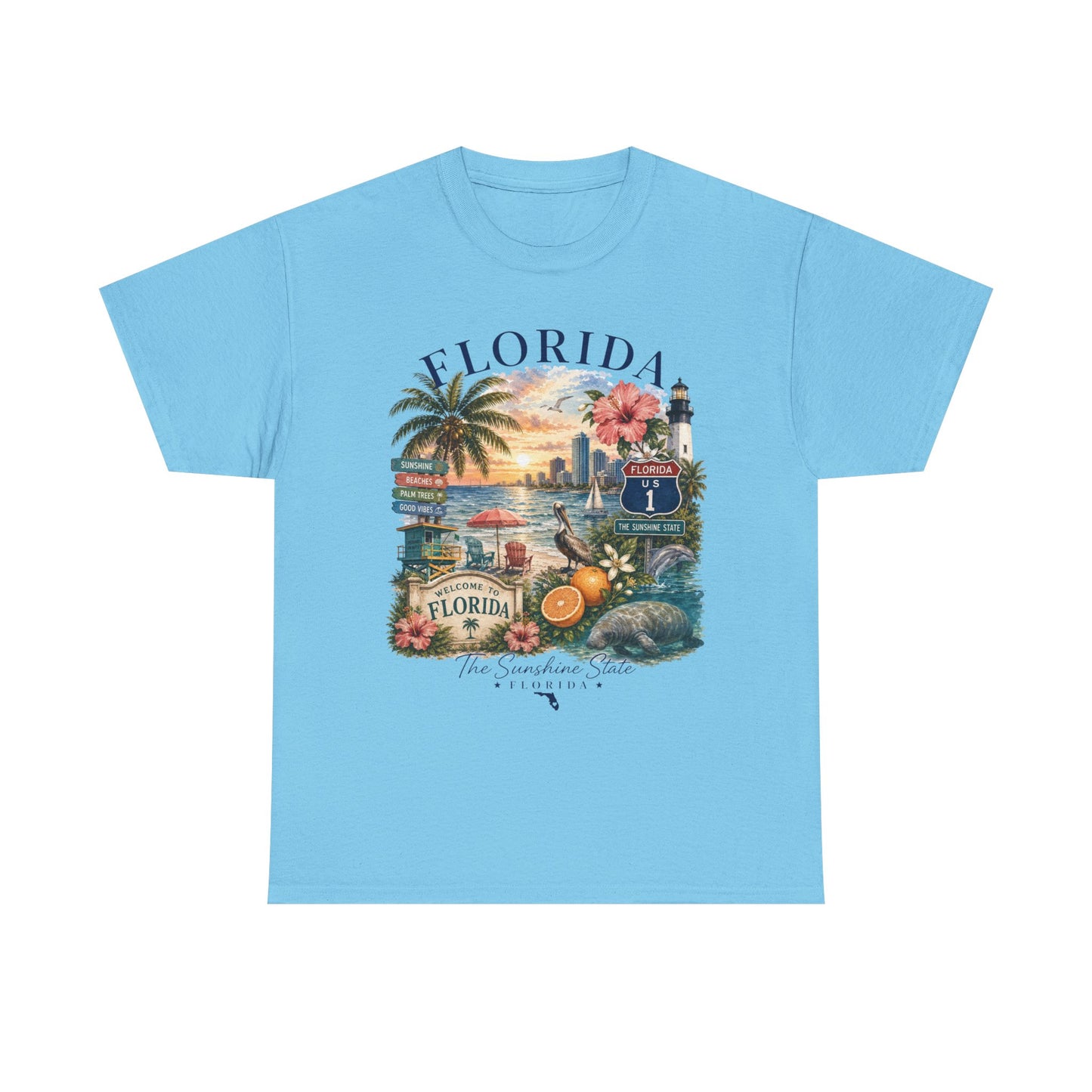 Florida Vintage Travel T-Shirt — Retro Beach Sunset, Lighthouse & Oranges Tee